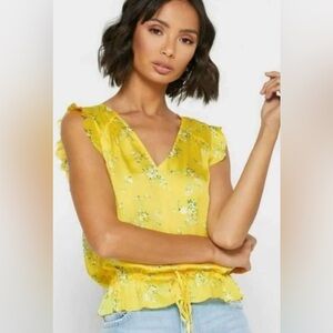 Banana Republic Floral Ruffle Yellow Blouse With Blue Flower Details  - Size S